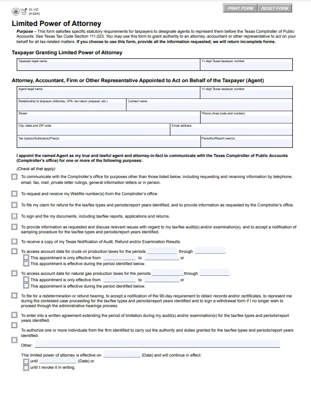 Texas Comptroller Power of Attorney Form Preview